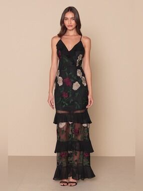 Lulus True to Heart Black Floral Ruffle Mesh Halter Top Embroidered Maxi Dress